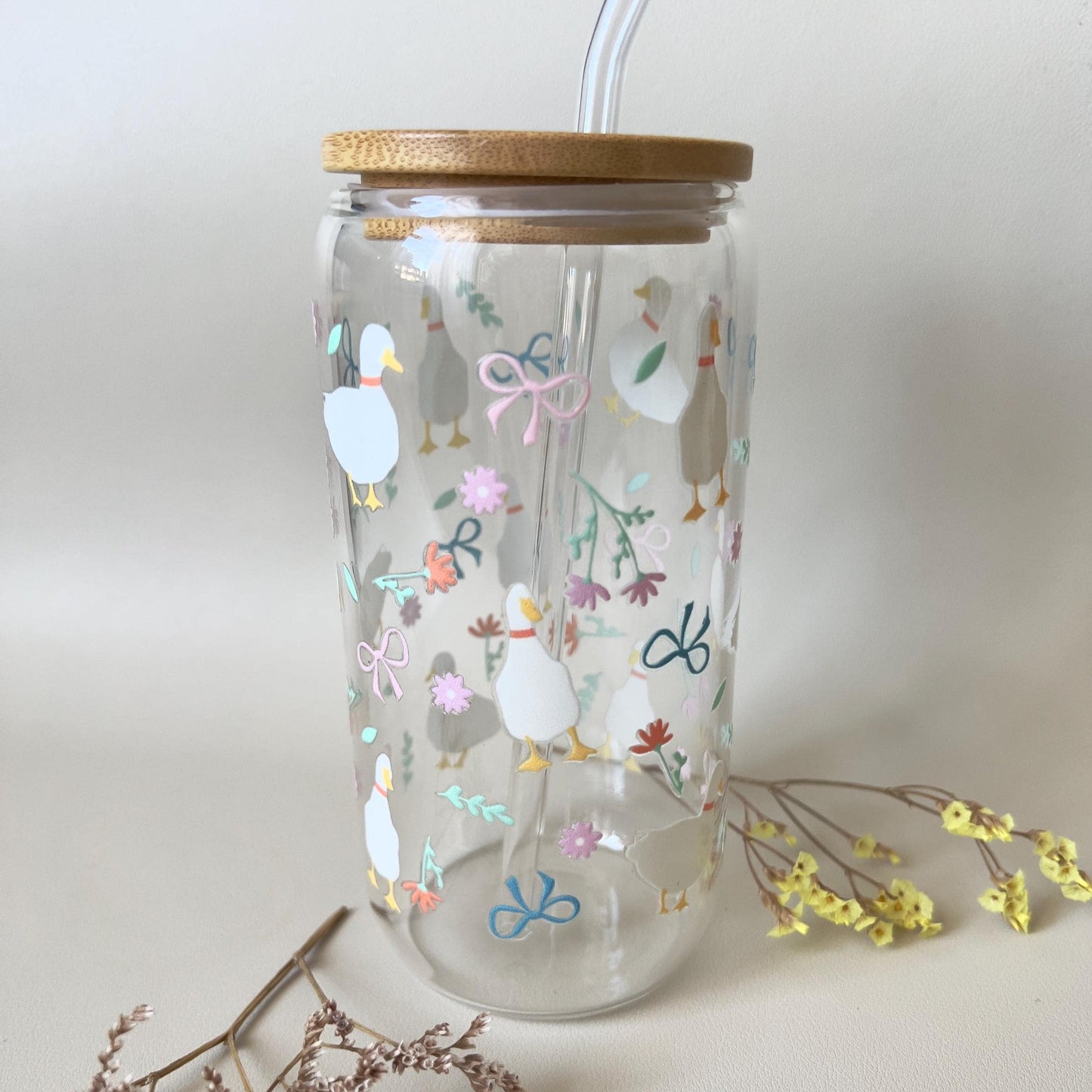 [ Doppelseitig ] 500 ml Trinkglas mit Deckel und Strohhalm | Gans