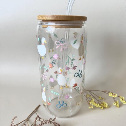 [ Doppelseitig ] 500 ml Trinkglas mit Deckel und Strohhalm | Gans