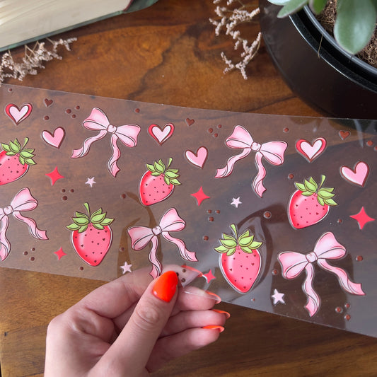 [ Doppelseitig ] 500 ml Trinkglasaufkleber | Schleifen Erdbeeren