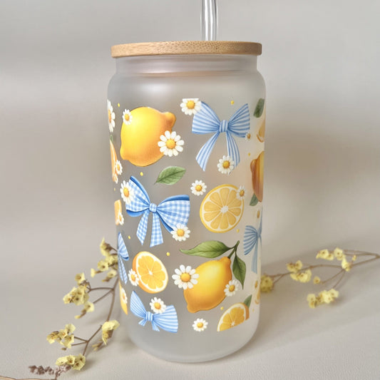 [ Doppelseitig ] 500 ml Trinkglas mit Deckel und Strohhalm | Zitronen