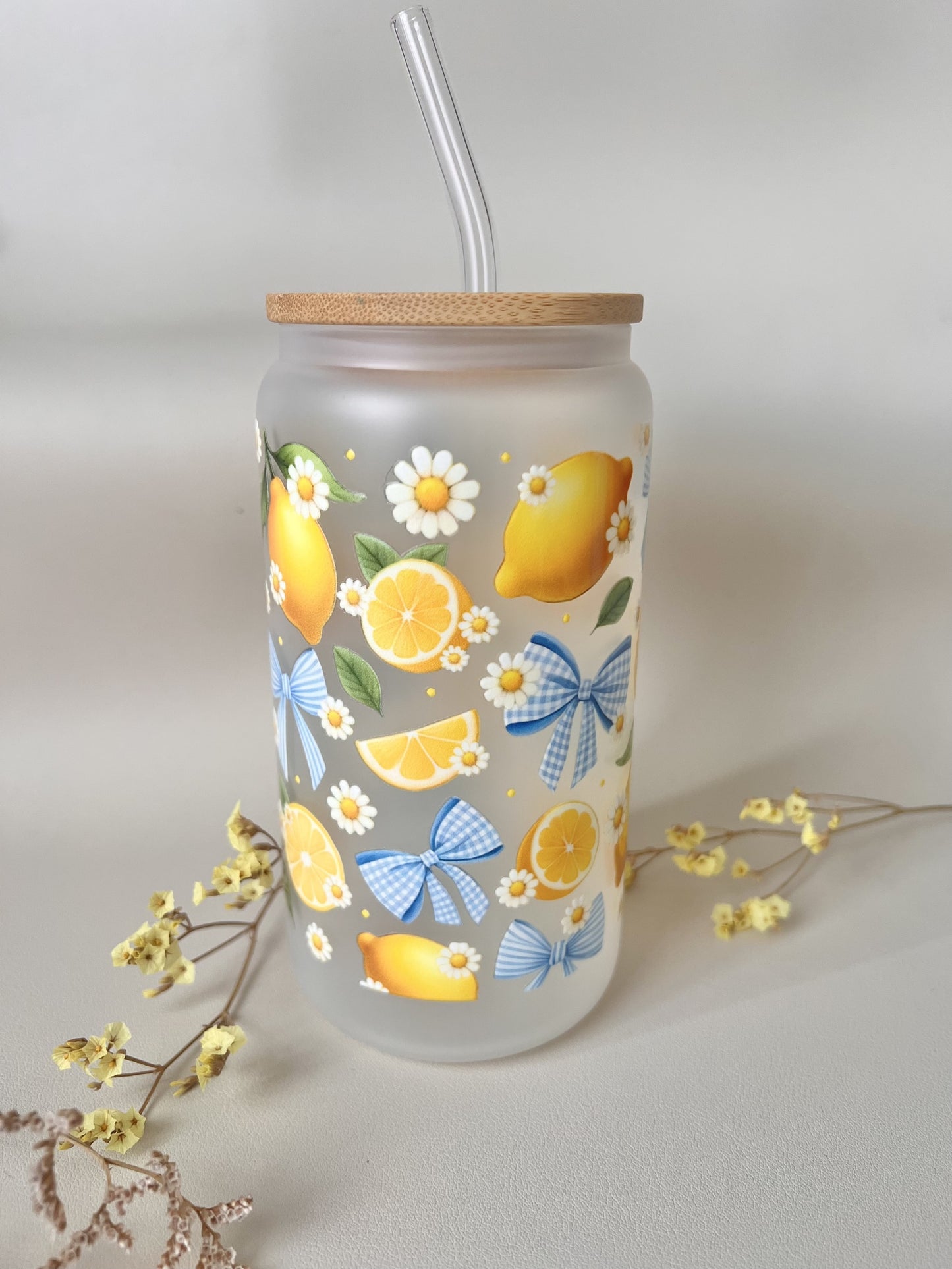 [ Doppelseitig ] 500 ml Trinkglas mit Deckel und Strohhalm | Zitronen