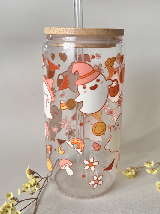 [ Doppelseitig ] 500 ml Trinkglas mit Deckel und Strohhalm | Geister