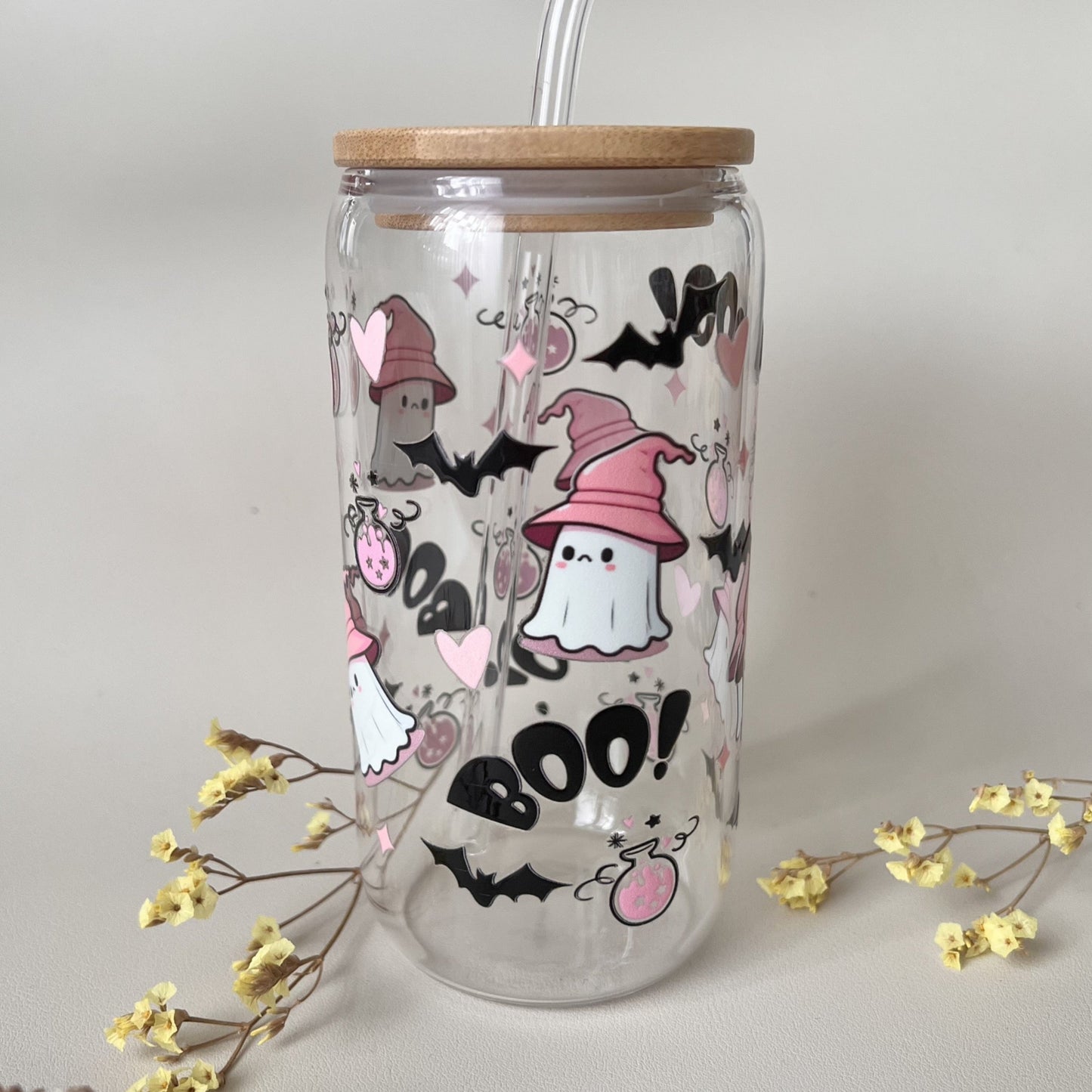 [ Doppelseitig ] 500 ml Trinkglas mit Deckel und Strohhalm | Boo