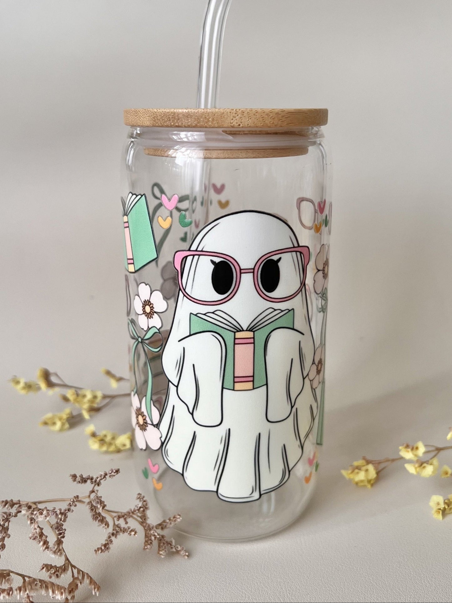 [ Doppelseitig ] 500 ml Trinkglas mit Deckel und Strohhalm | Geister Buch