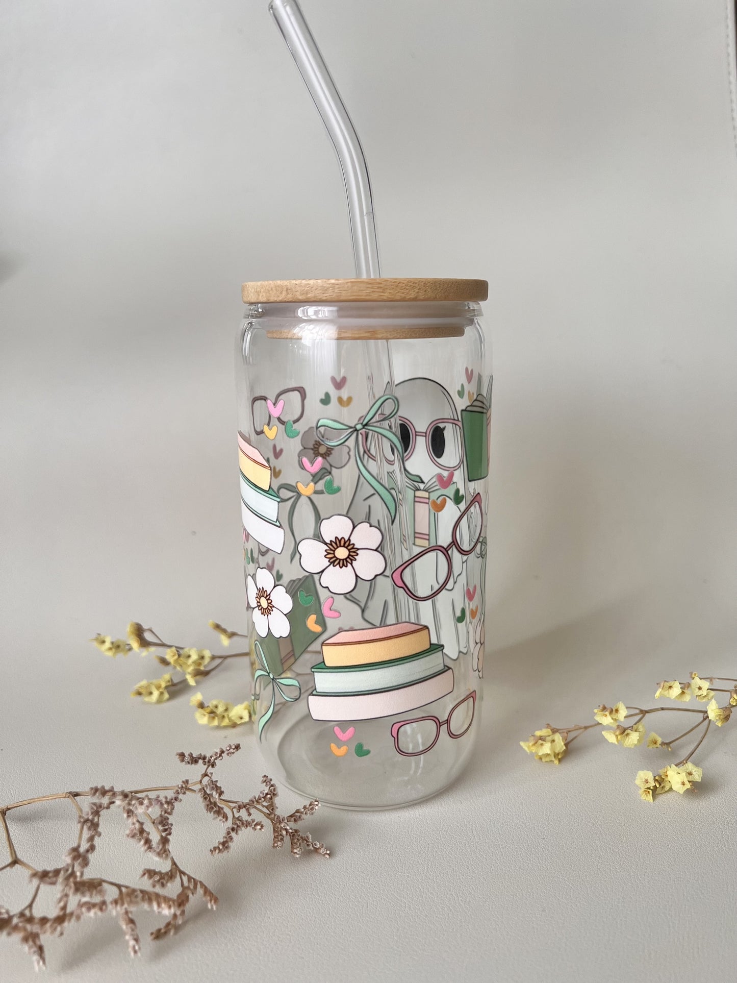 [ Doppelseitig ] 500 ml Trinkglas mit Deckel und Strohhalm | Geister Buch