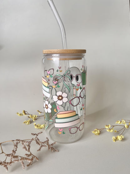 [ Doppelseitig ] 500 ml Trinkglas mit Deckel und Strohhalm | Geister Buch