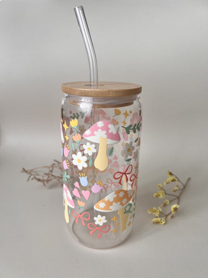 [ Doppelseitig ] 500 ml Trinkglas mit Deckel und Strohhalm | Pastell Pilze