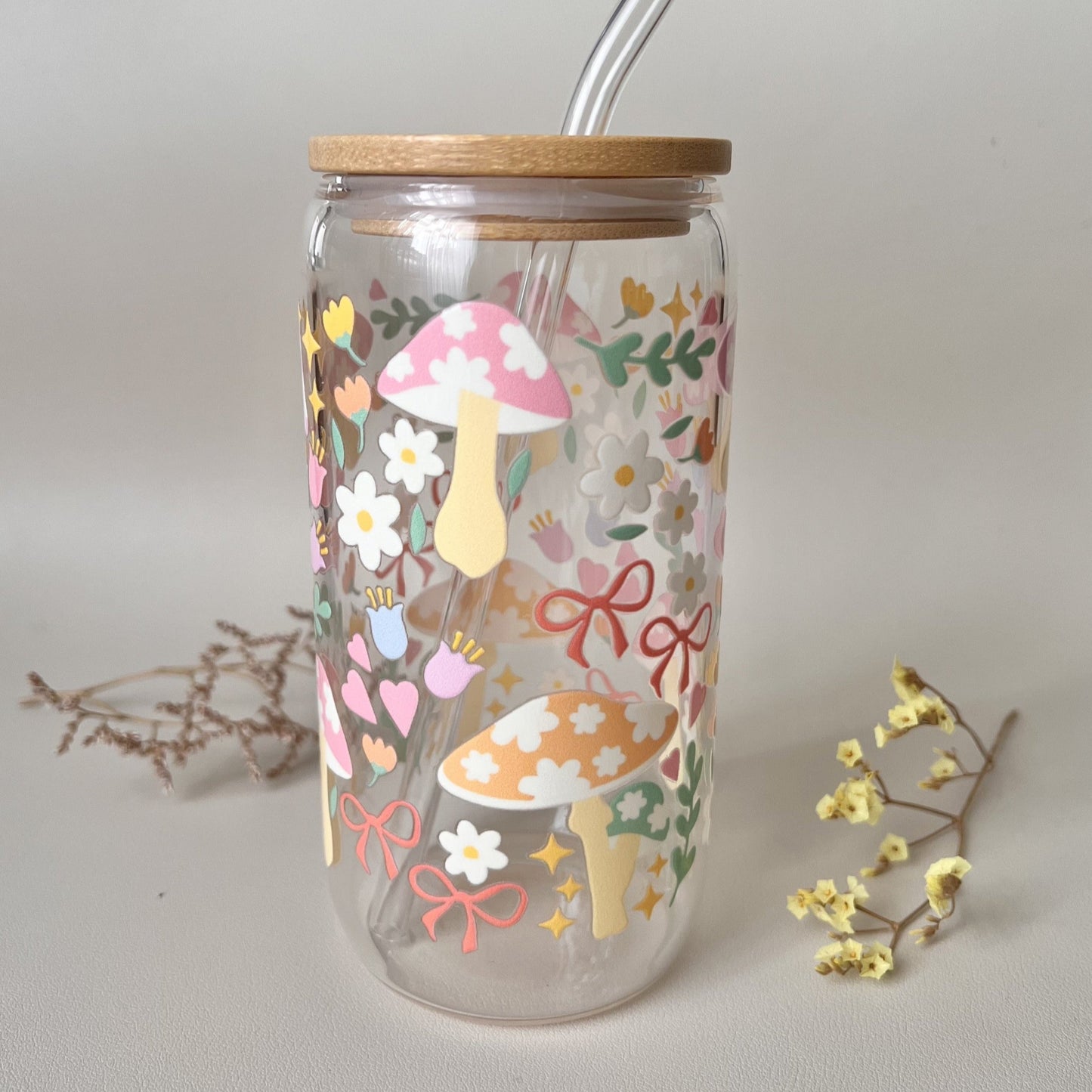[ Doppelseitig ] 500 ml Trinkglas mit Deckel und Strohhalm | Pastell Pilze
