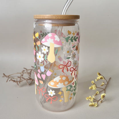 [ Doppelseitig ] 500 ml Trinkglas mit Deckel und Strohhalm | Pastell Pilze
