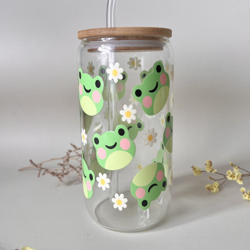 [ Doppelseitig ] 500 ml Trinkglas mit Deckel und Strohhalm | Frosch