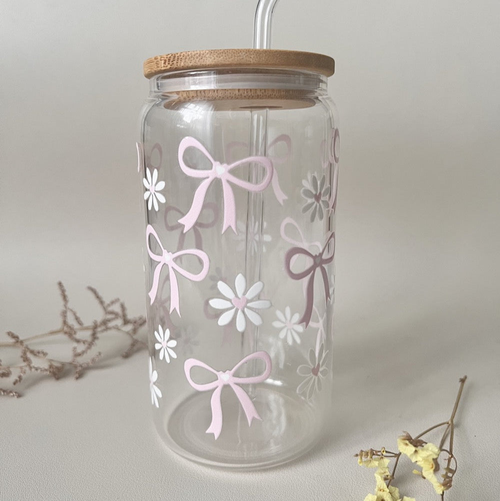 [ Doppelseitig ] 500 ml Trinkglas mit Deckel und Strohhalm | Pastell Schleifen