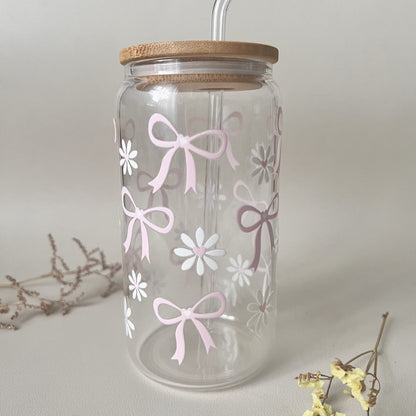 [ Doppelseitig ] 500 ml Trinkglas mit Deckel und Strohhalm | Pastell Schleifen