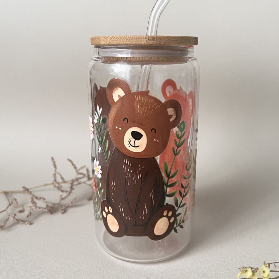 [ Doppelseitig ] 500 ml Trinkglas mit Deckel und Strohhalm | Bärenfamilie