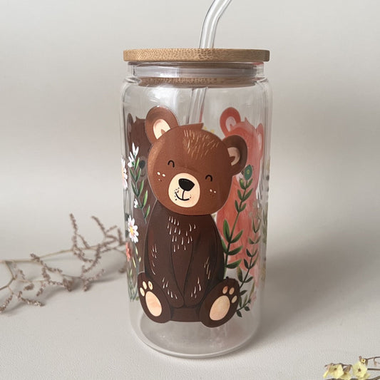 [ Doppelseitig ] 500 ml Trinkglas mit Deckel und Strohhalm | Bärenfamilie