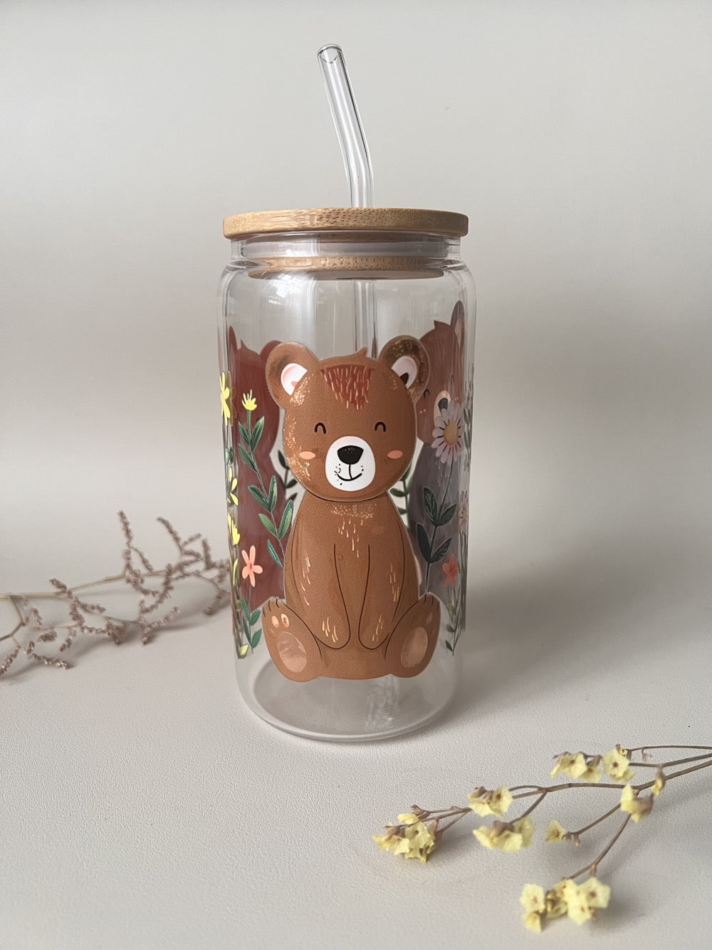 [ Doppelseitig ] 500 ml Trinkglas mit Deckel und Strohhalm | Bärenfamilie