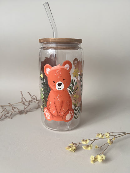 [ Doppelseitig ] 500 ml Trinkglas mit Deckel und Strohhalm | Bärenfamilie