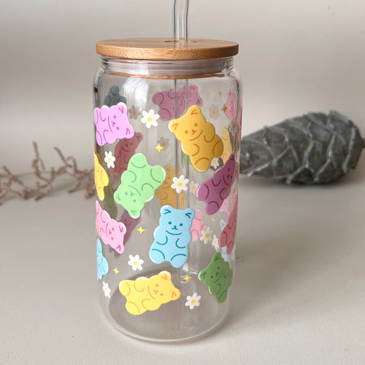[ Doppelseitig ] 500 ml Trinkglas mit Deckel und Strohhalm | Gümmibärchen