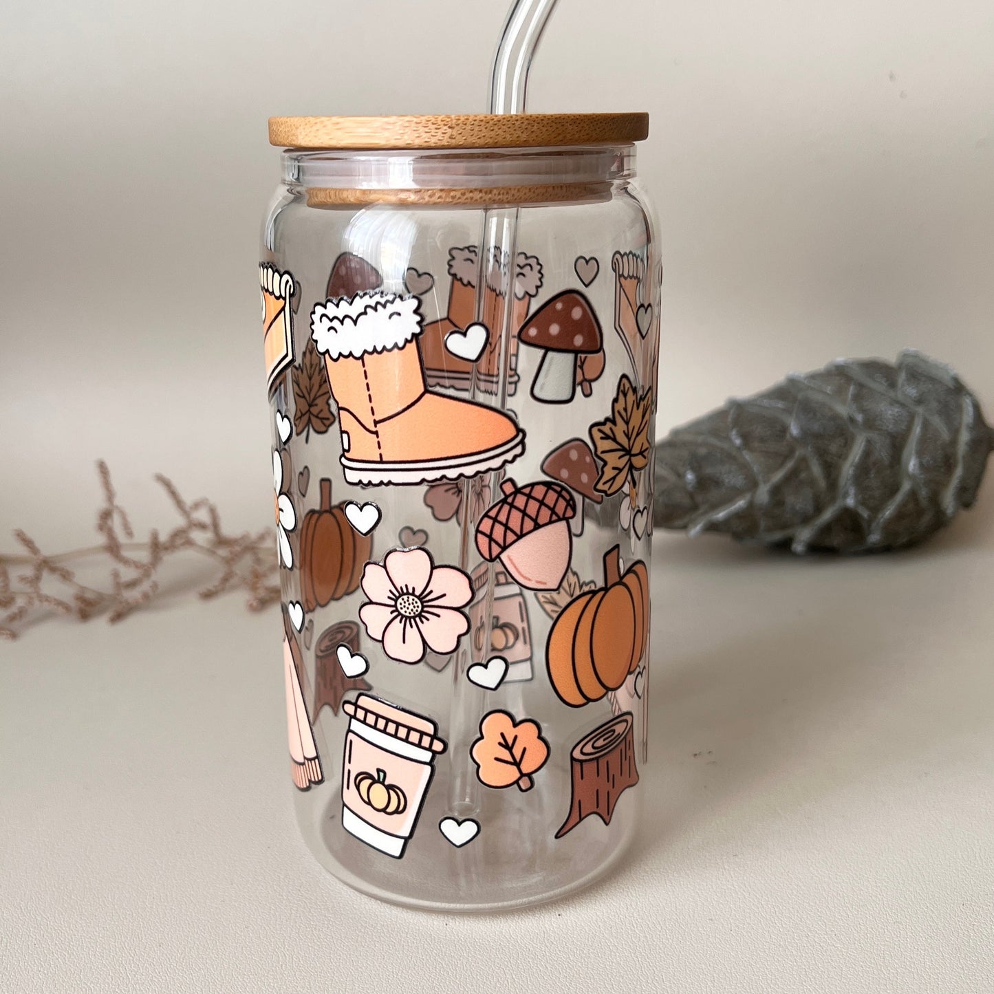 [ Doppelseitig ] 500 ml Trinkglas mit Deckel und Strohhalm | Pastell Herbst