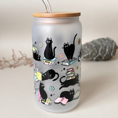 [ Doppelseitig ] 500 ml Trinkglas mit Deckel und Strohhalm | Bücher Katze
