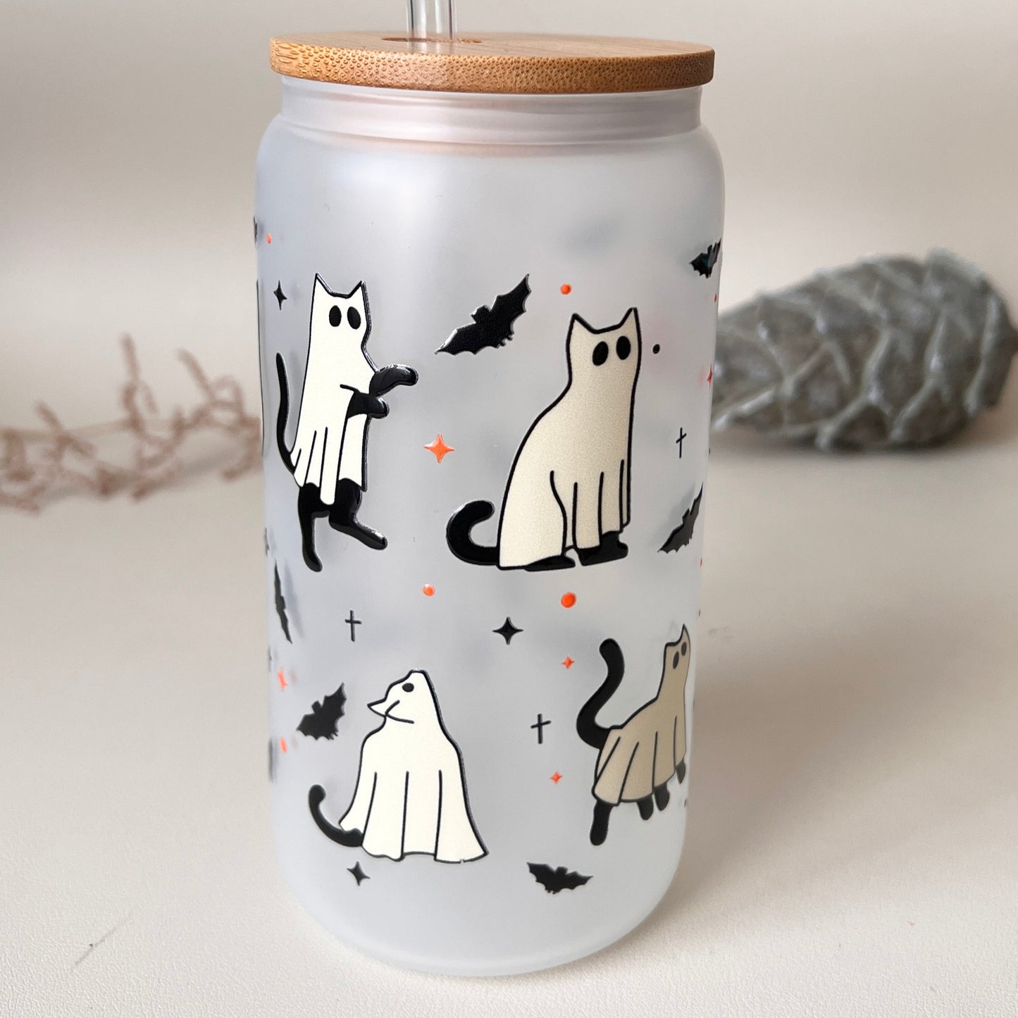 [ Doppelseitig ] 500 ml Trinkglas mit Deckel und Strohhalm | Halloween Katze