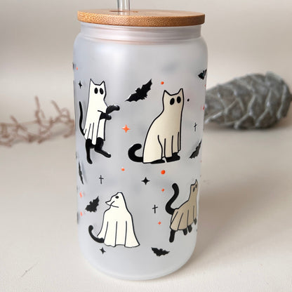 [ Doppelseitig ] 500 ml Trinkglas mit Deckel und Strohhalm | Halloween Katze