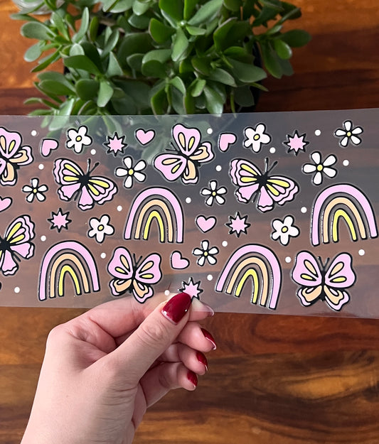 [ Doppelseitig ] 500 ml Trinkglas mit Deckel und Strohhalm | Schmetterlinge Regenbogen