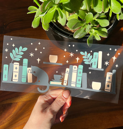 [ Doppelseitig ] 500 ml Trinkglasaufkleber | Katze Regal