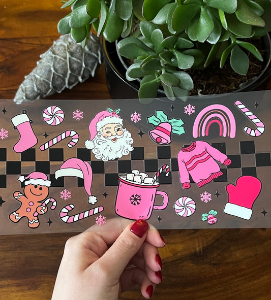 [ Doppelseitig ] 500 ml Trinkglas mit Deckel und Strohhalm | Pink Santa