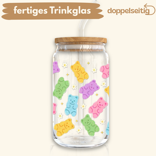 [ Doppelseitig ] 500 ml Trinkglas mit Deckel und Strohhalm | Gümmibärchen