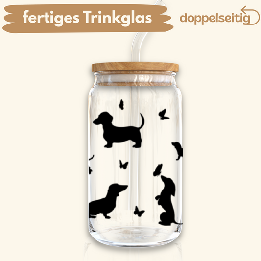 [ Doppelseitig ] 500 ml Trinkglas mit Deckel und Strohhalm | Dackel