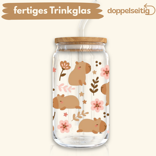 [ Doppelseitig ] 500 ml Trinkglas mit Deckel und Strohhalm | Capybara