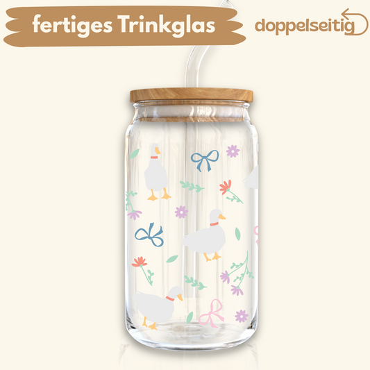 [ Doppelseitig ] 500 ml Trinkglas mit Deckel und Strohhalm | Gans