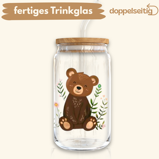 [ Doppelseitig ] 500 ml Trinkglas mit Deckel und Strohhalm | Bärenfamilie