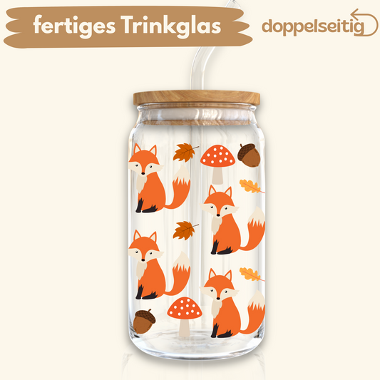 [ Doppelseitig ] 500 ml Trinkglas mit Deckel und Strohhalm | Füchse