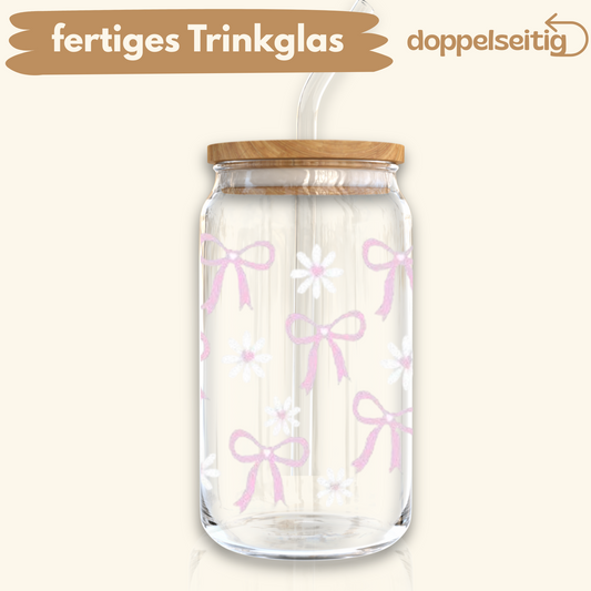 [ Doppelseitig ] 500 ml Trinkglas mit Deckel und Strohhalm | Pastell Schleifen