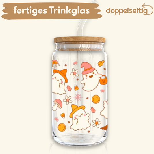 [ Doppelseitig ] 500 ml Trinkglas mit Deckel und Strohhalm | Geister