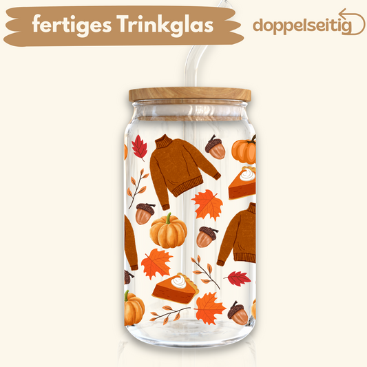 [ Doppelseitig ] 500 ml Trinkglas mit Deckel und Strohhalm | Rollkragen