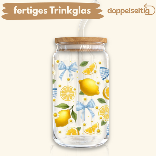 [ Doppelseitig ] 500 ml Trinkglas mit Deckel und Strohhalm | Zitronen