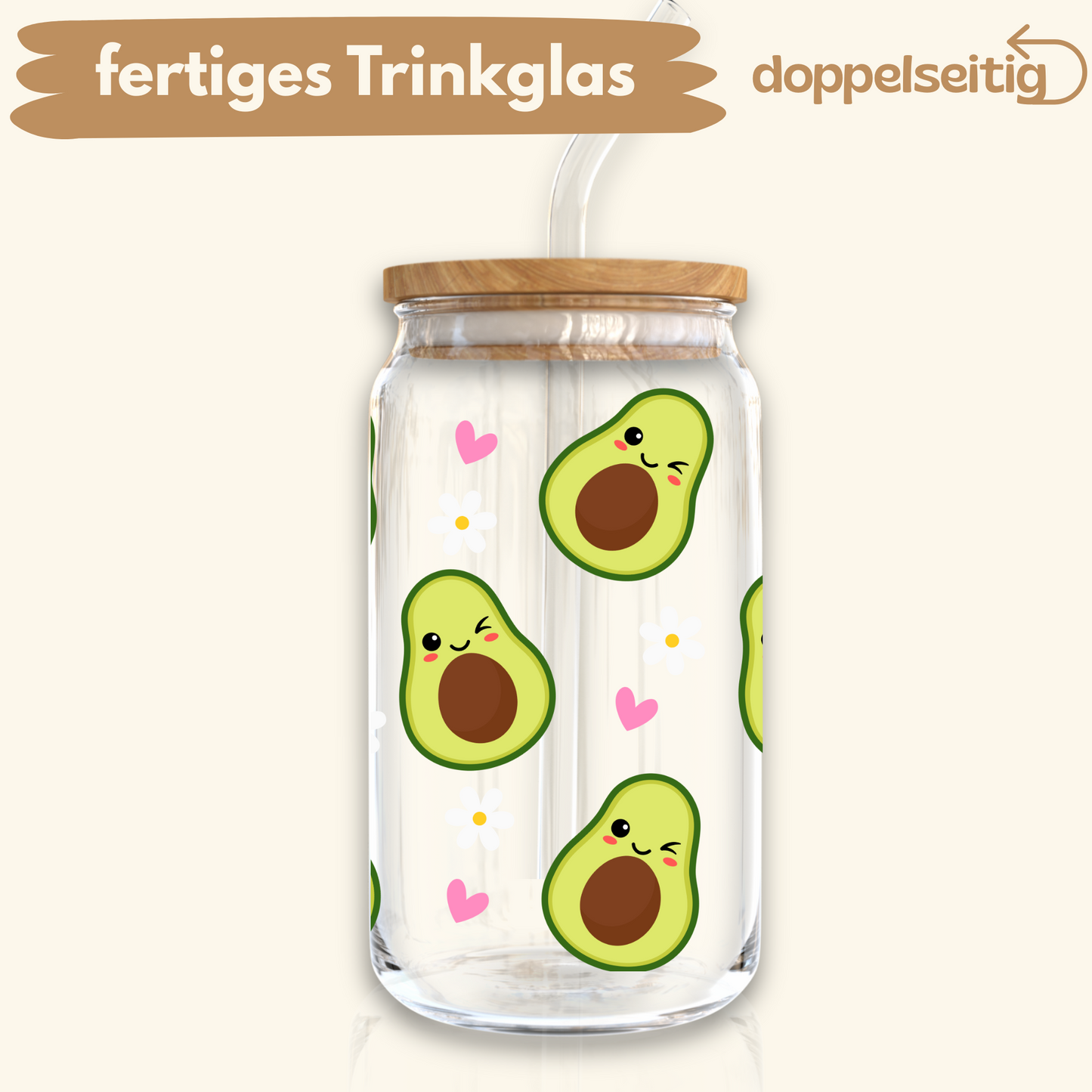 [ Doppelseitig ] 500 ml Trinkglas mit Deckel und Strohhalm | Avocado