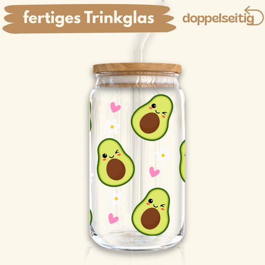[ Doppelseitig ] 500 ml Trinkglas mit Deckel und Strohhalm | Avocado