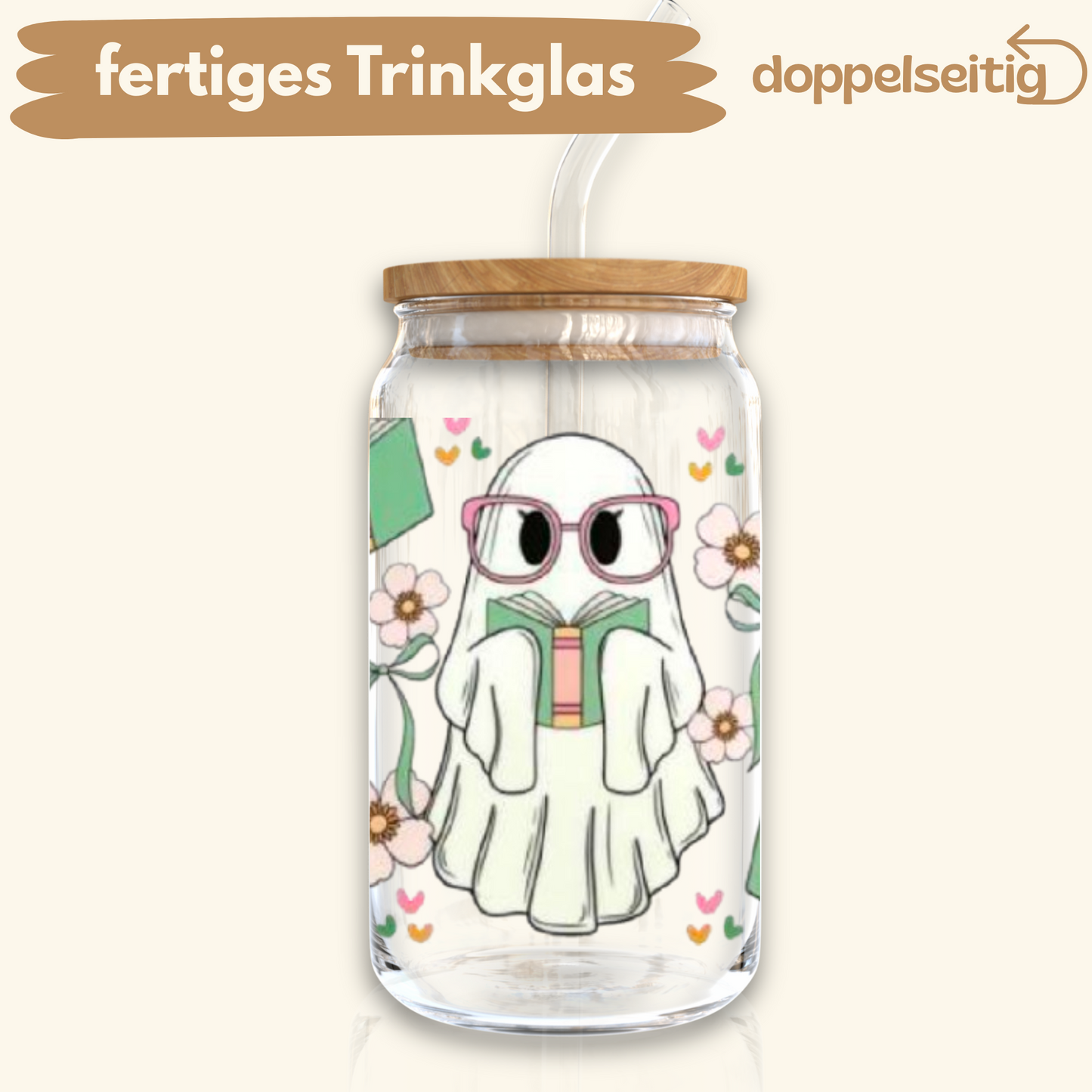 [ Doppelseitig ] 500 ml Trinkglas mit Deckel und Strohhalm | Geister Buch