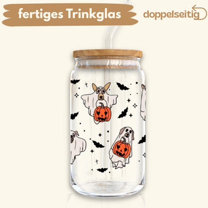 [ Doppelseitig ] 500 ml Trinkglas mit Deckel und Strohhalm | Halloween Hunde