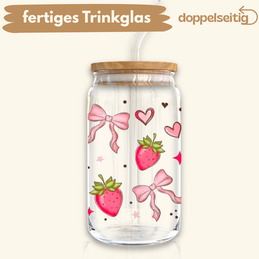 [ Doppelseitig ] 500 ml Trinkglas mit Deckel und Strohhalm | Erdbeer Schleife