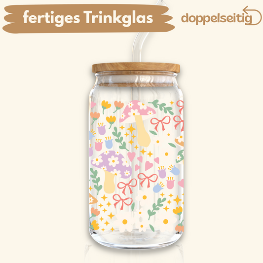 [ Doppelseitig ] 500 ml Trinkglas mit Deckel und Strohhalm | Pastell Pilze