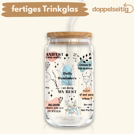 [ Doppelseitig ] 500 ml Trinkglas mit Deckel und Strohhalm | daily reminders