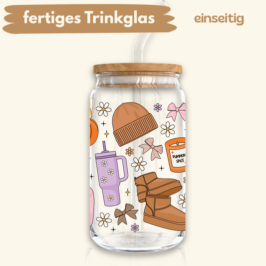 [ Einseitig ] 500 ml Trinkglas mit Deckel und Strohhalm | Herbst Motiv: Cozy Girl