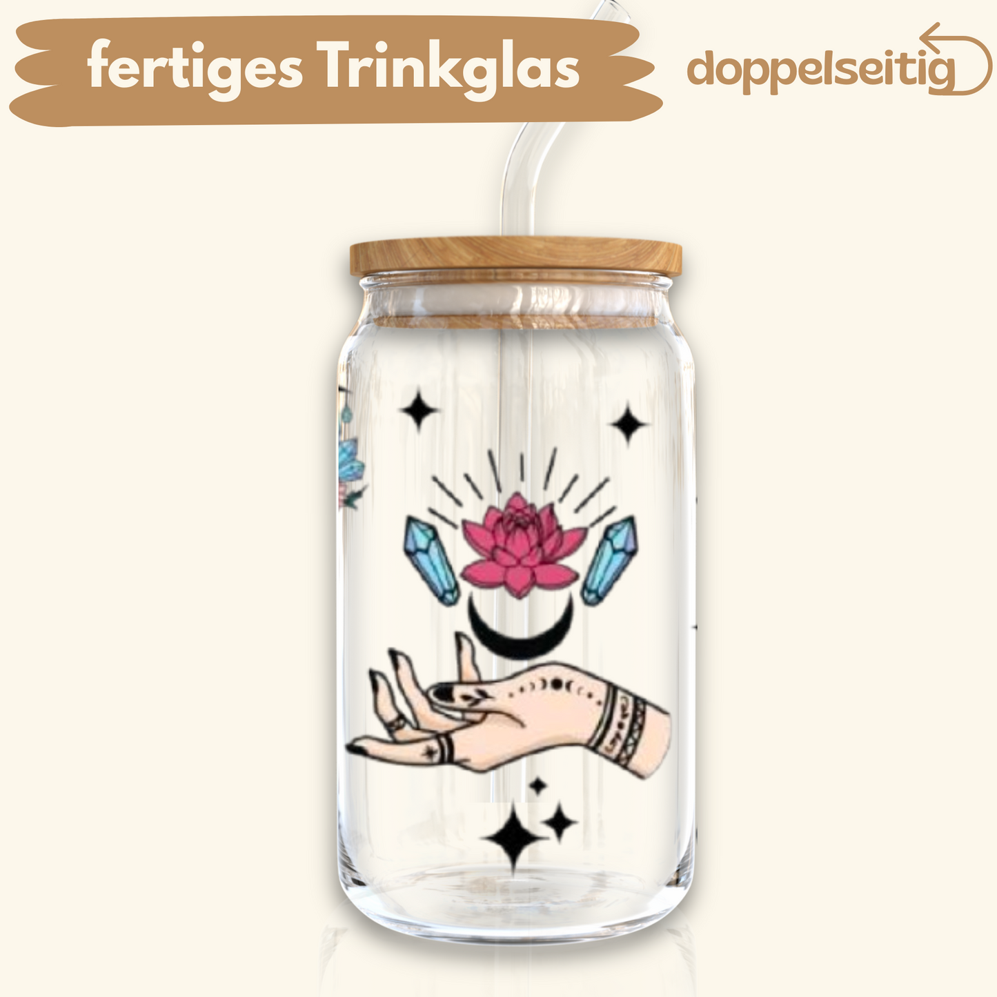 [ Doppelseitig ] 500 ml Trinkglas mit Deckel und Strohhalm | Mystik