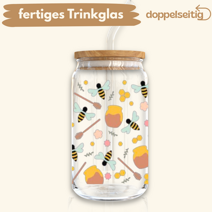 [ Doppelseitig ] 500 ml Trinkglas mit Deckel und Strohhalm | Bienen