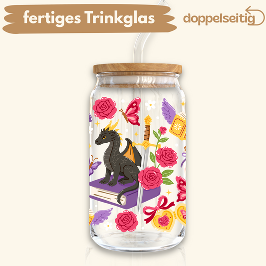 [ Doppelseitig ] 500 ml Trinkglas mit Deckel und Strohhalm | Fantasy Drache