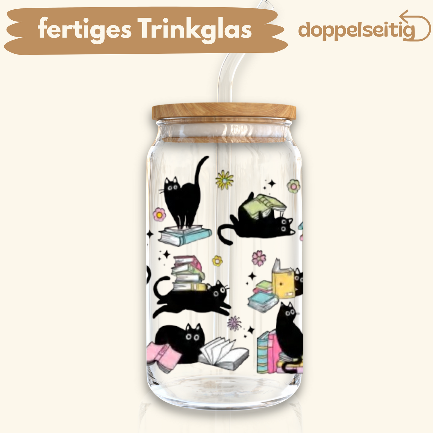 [ Doppelseitig ] 500 ml Trinkglas mit Deckel und Strohhalm | Bücher Katze